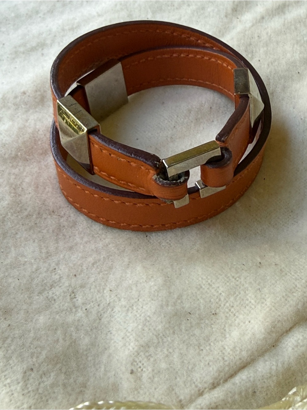 HERMES Medor Infini Cloute Double Tour Orange H Leather Bracelet Silver 13" 2007